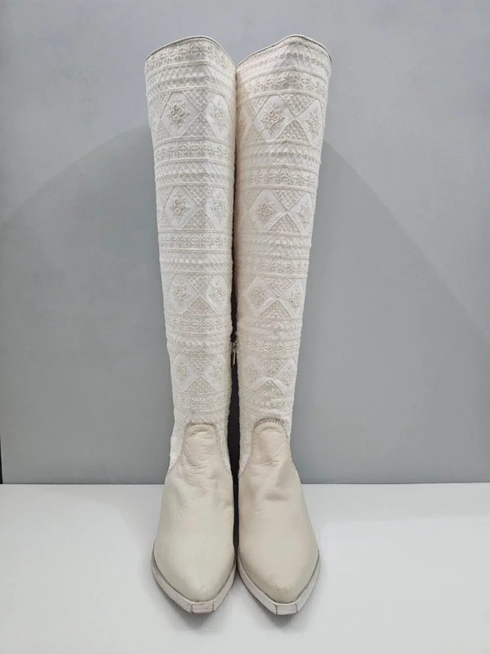 Free People Bren Knee High Boot Womens EU 36 Cream Embroidered Boho Slouchy